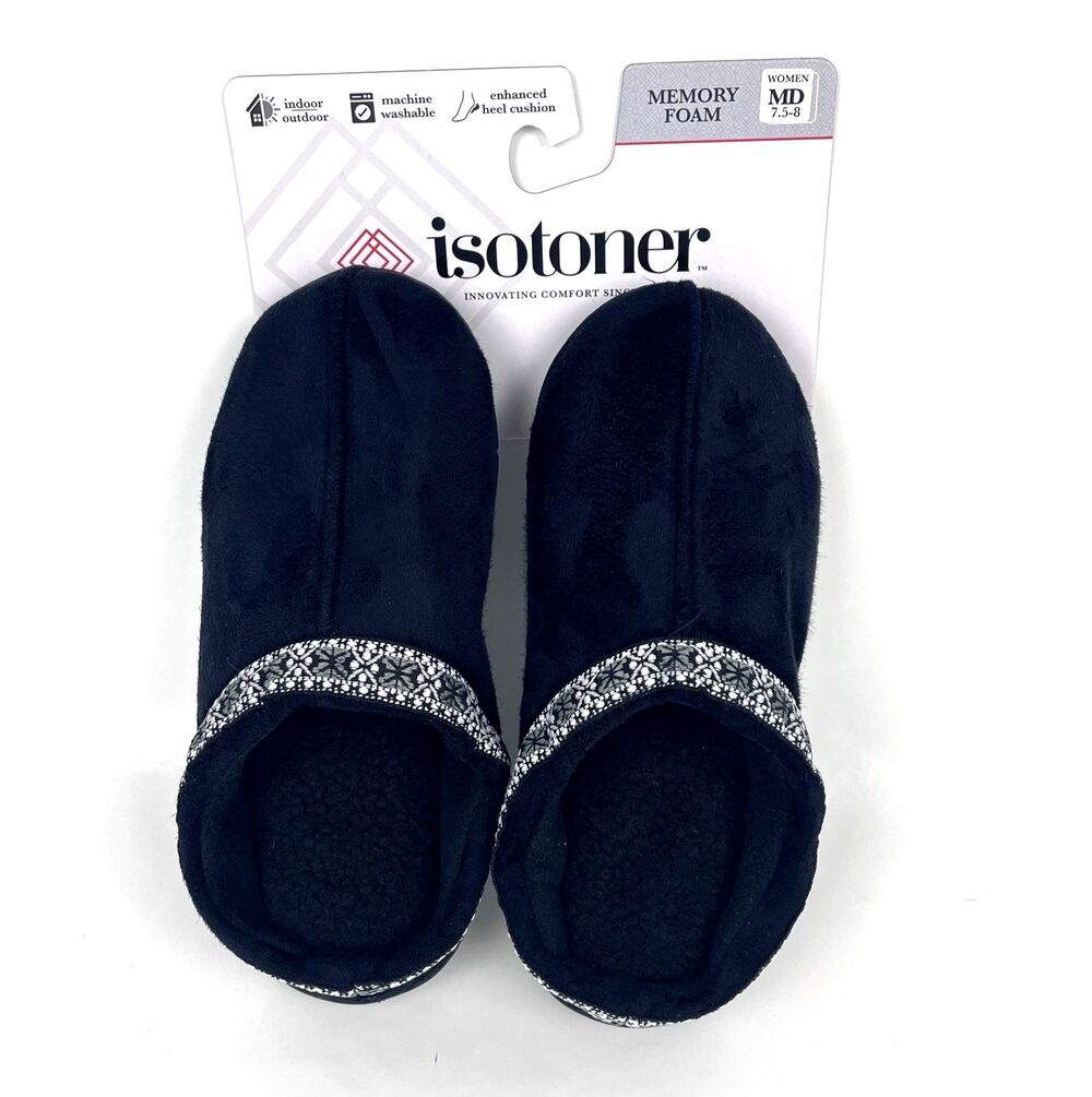 Isotoner Women’s Black Clog Slippers SZ 7.5-8 Fair Isle embroidered trim slip-on